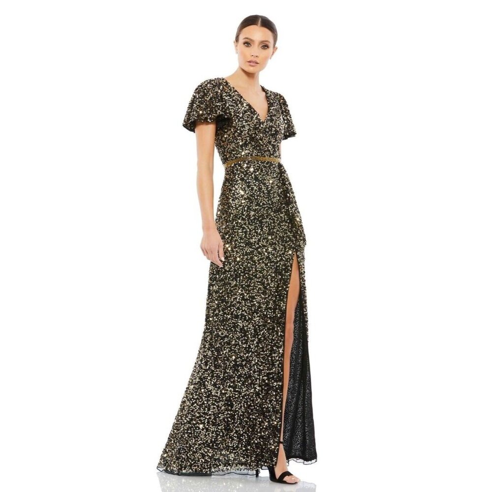 Mac Duggal 5540 Sequined Wrap Over Butterfly Sleeve Draped Gown Black Gold Sz 8